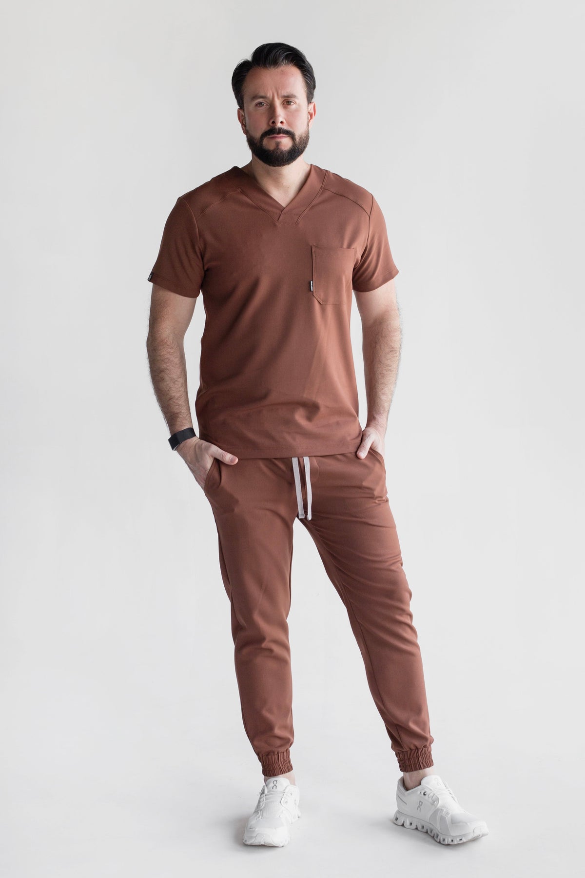 Model wearing Fresh Cocoa Scrub Pants with matching Fresh Scrub Top