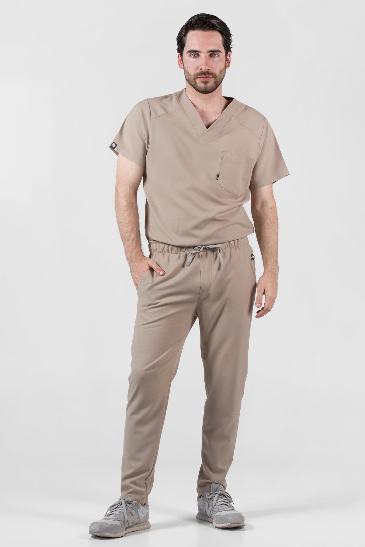 Model wearing Fresh Natural Scrub Pants with matching Fresh Scrub Top