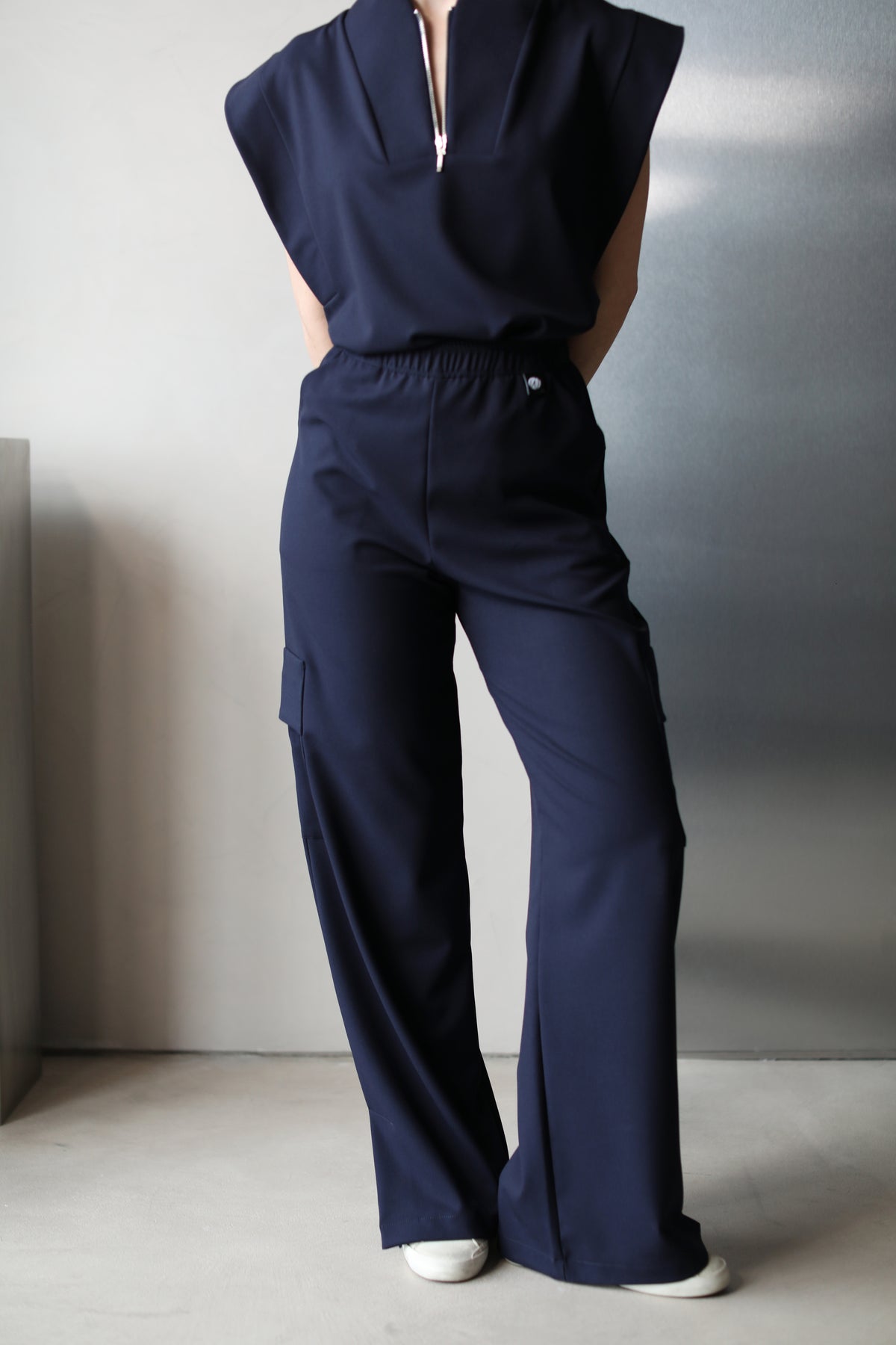 Back view of Kate Navy Scrub Pants showing the wide-leg silhouette