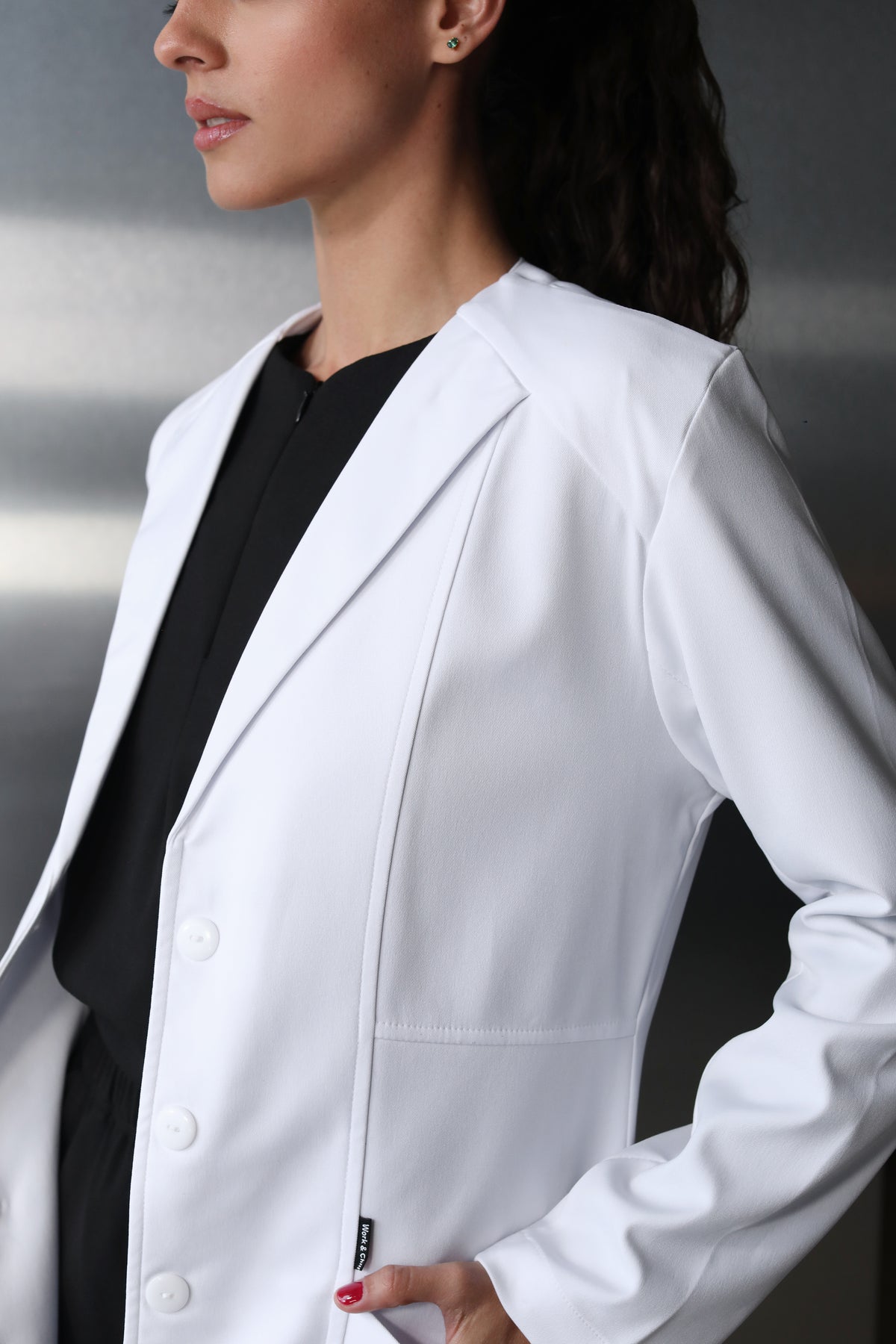 Side detail of Women’s Medic Coat in White