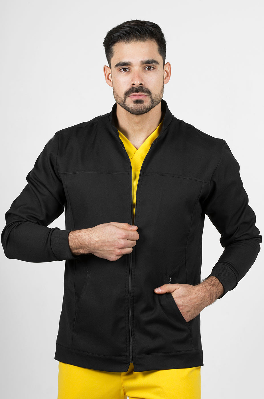 Front view of Men’s Black Work Coat showing the structured fit and full zipper