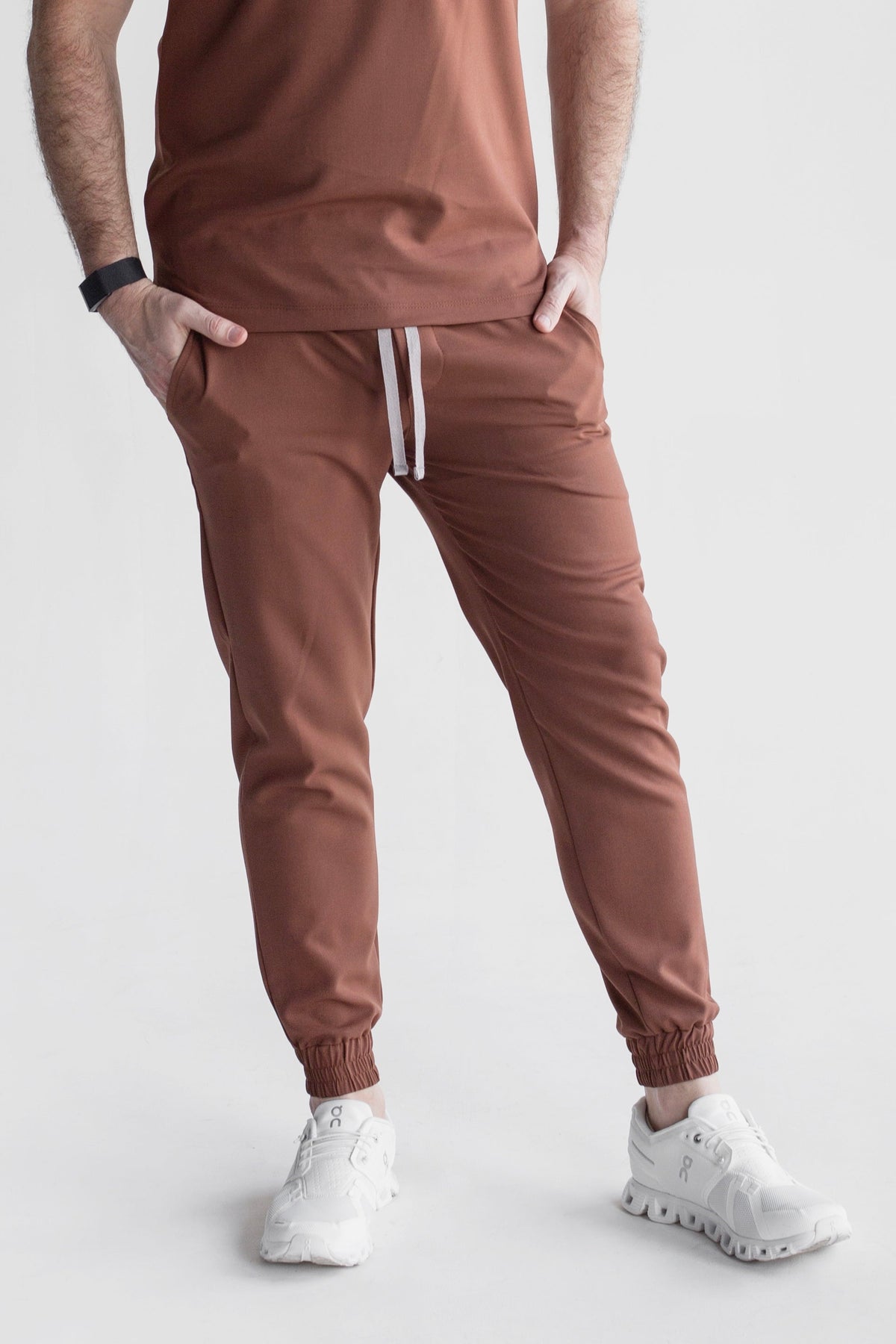 Man wearing Fresh Cocoa Scrub Pants by Work & Chill