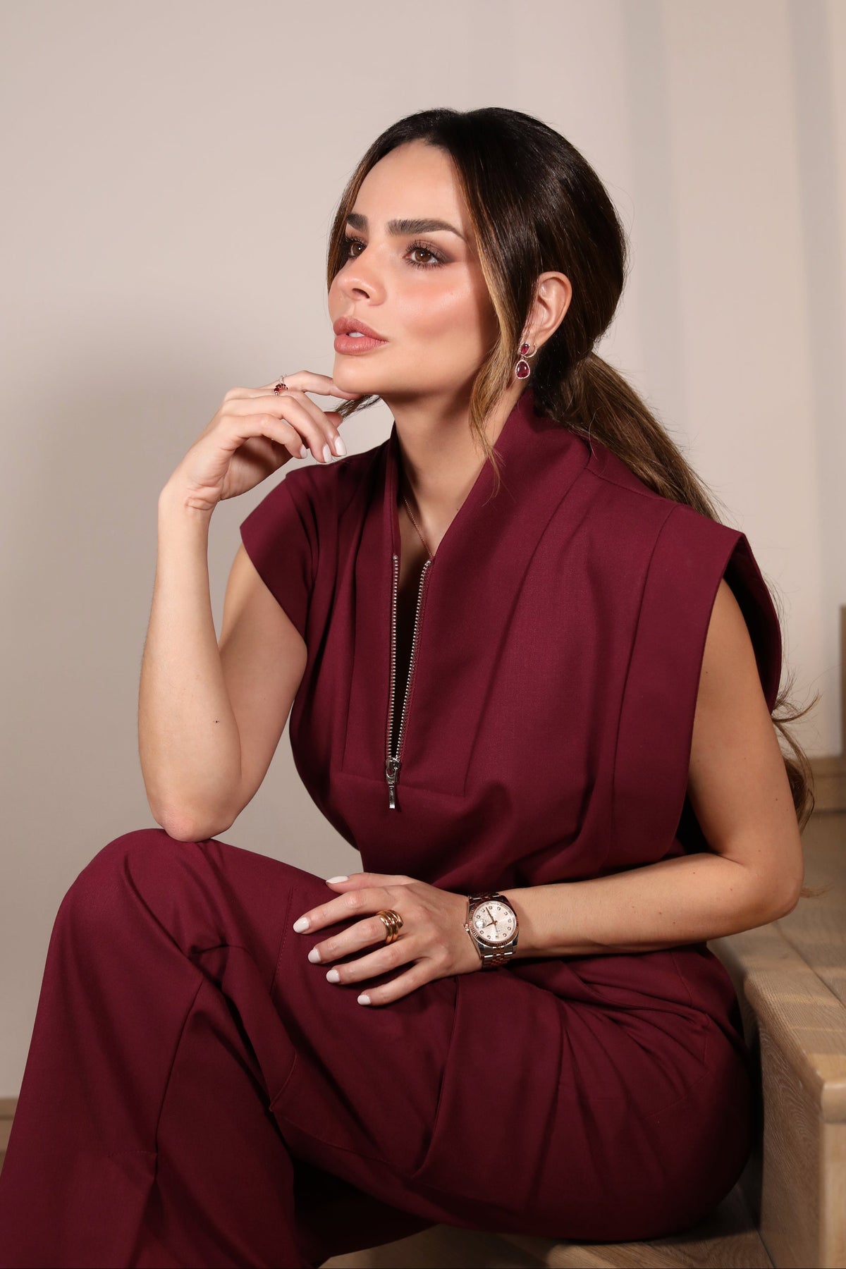 Kate Burgundy Scrub Top styled with matching scrub pants