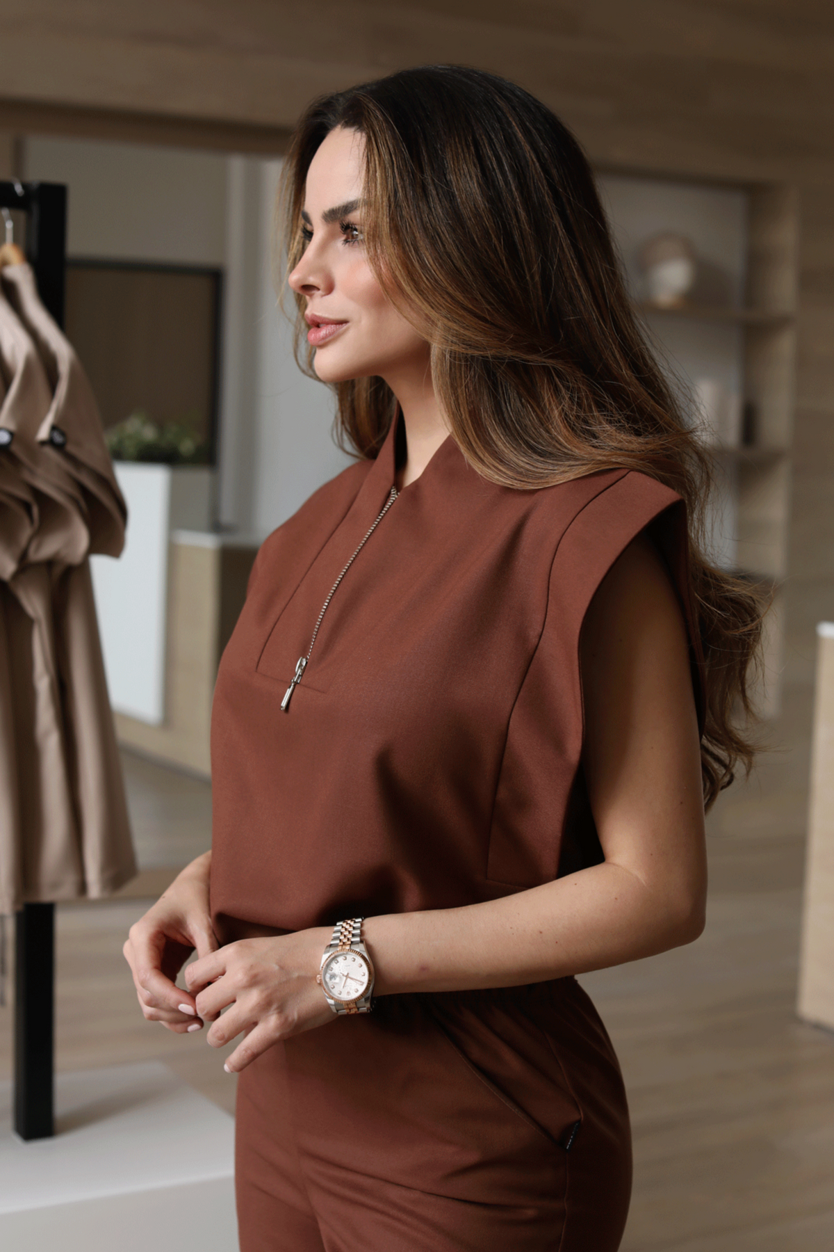 Side view of Kate Cocoa Scrub Top showing the structured fit