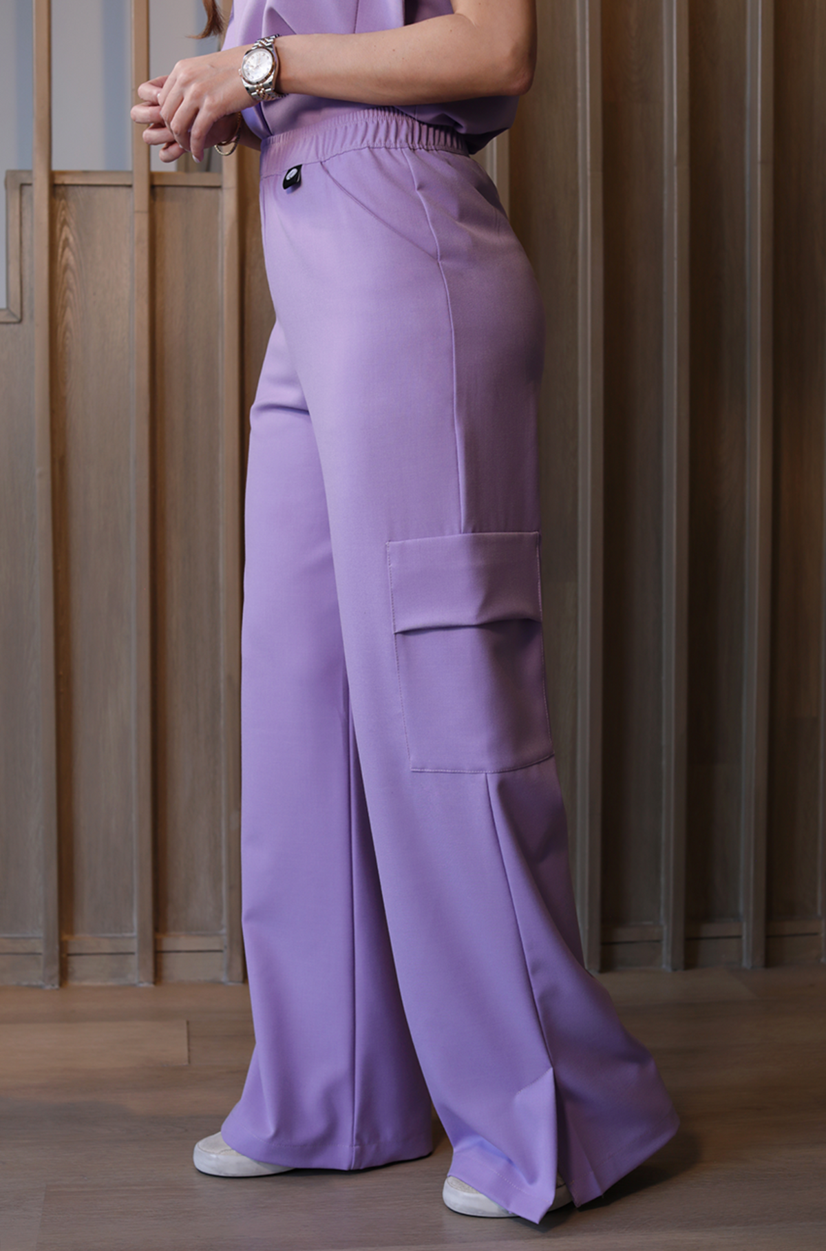 Front view of Kate Lilac Scrub Pants showing the wide-leg fit