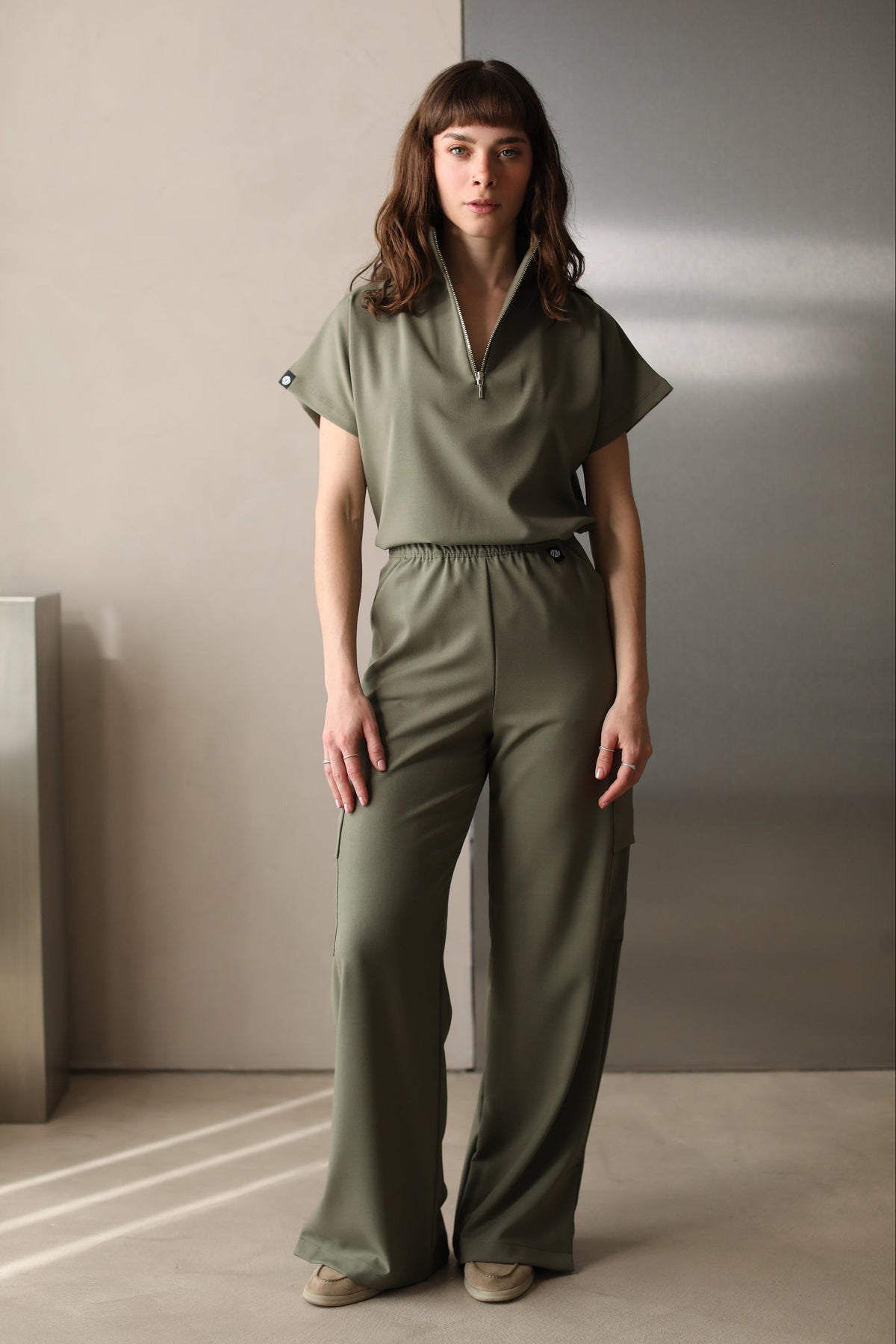 Kate Olive Scrub Pants styled with the matching Kate Scrub Top