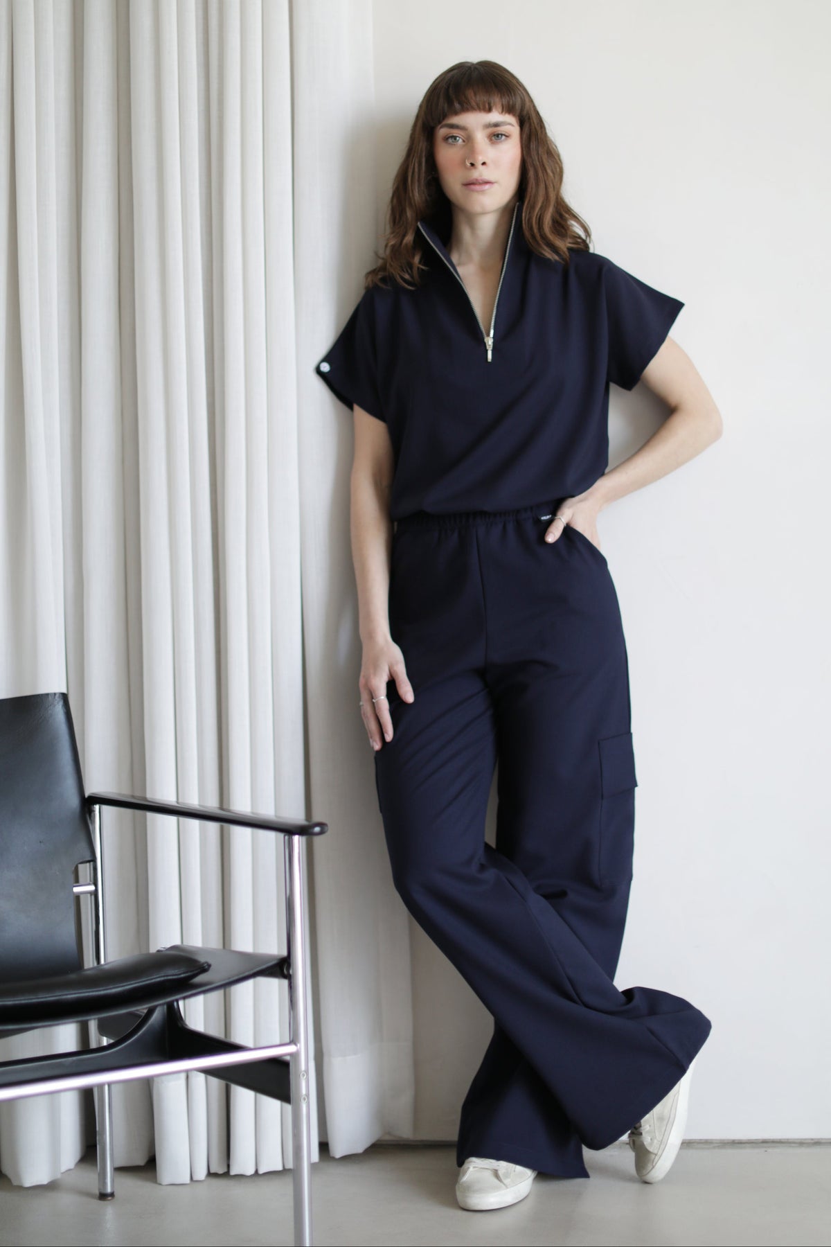 Victory Navy Scrub Top styled with matching scrub pants