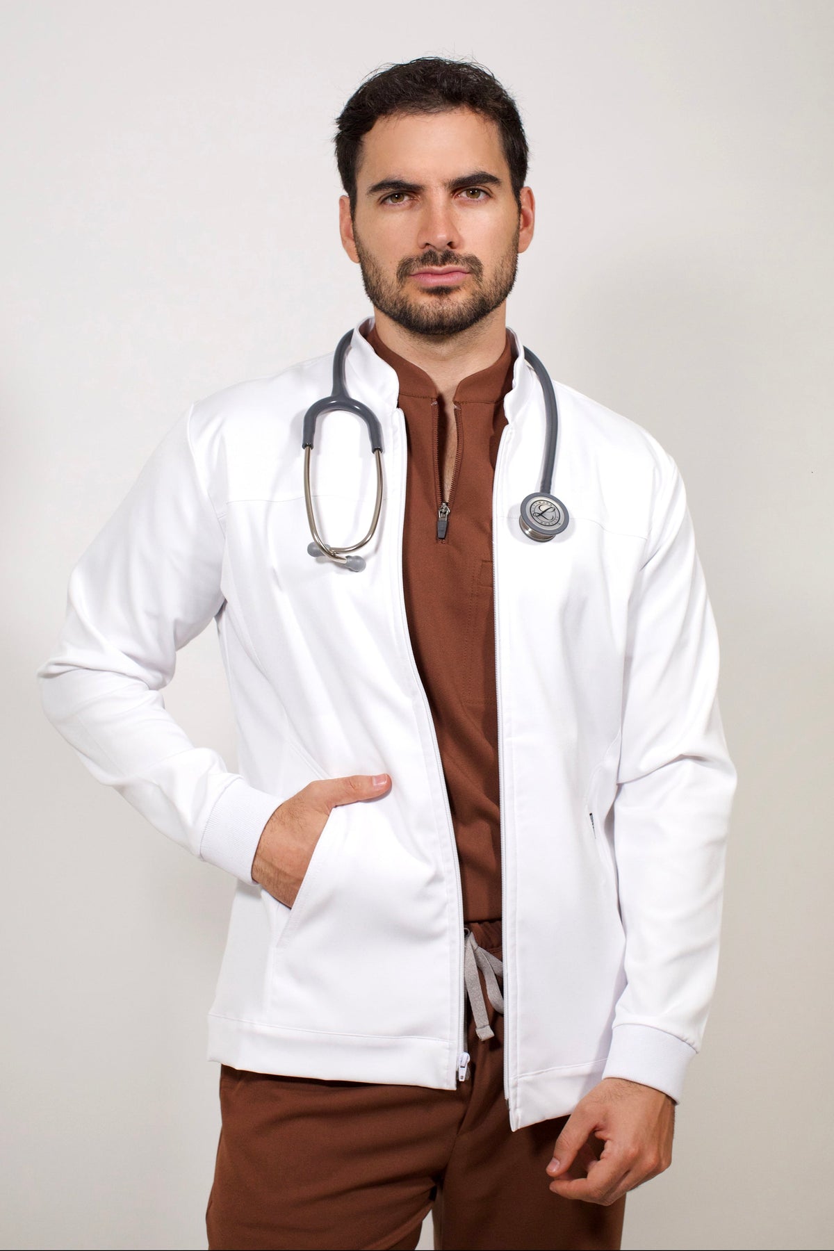 Man wearing Men’s White Work Coat by Work & Chill